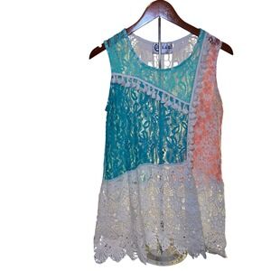 L&B Lace Womens Medium Patchwork Tank Top Teal Coral Crochet Butterfly Tassel